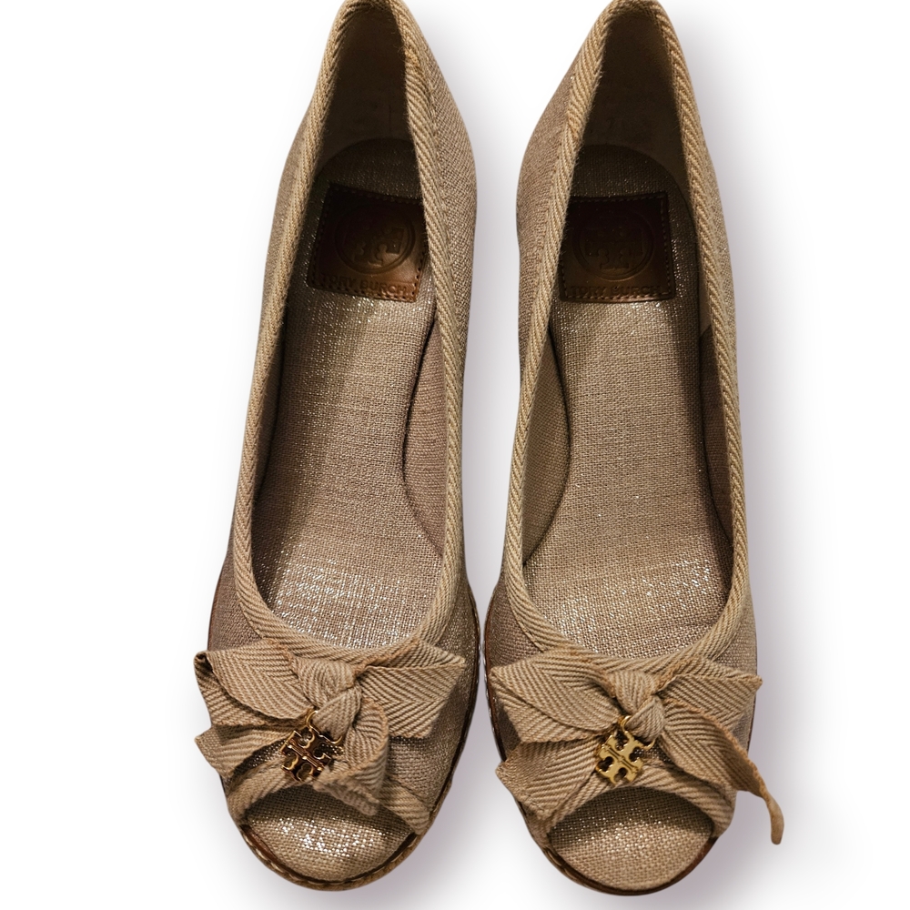 Tory Burch Taupe Linen Peep-Toe Flats with Bow and Logo Charm